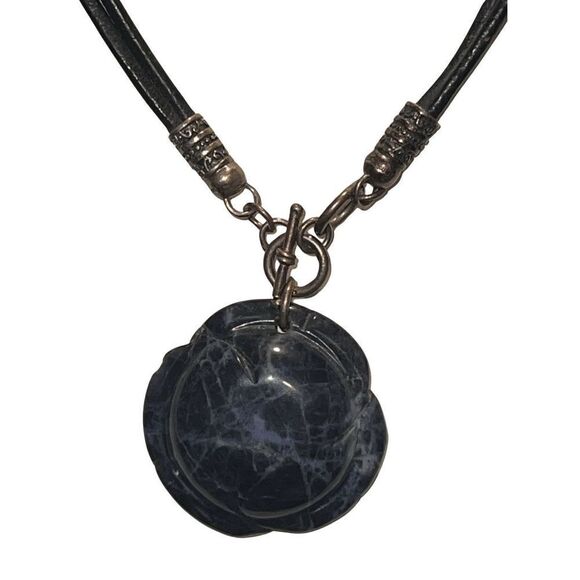 Vintage Genuine Blue Lapis Rose Pendent 925 Toggle Leather Choker Necklace - Picture 6 of 14